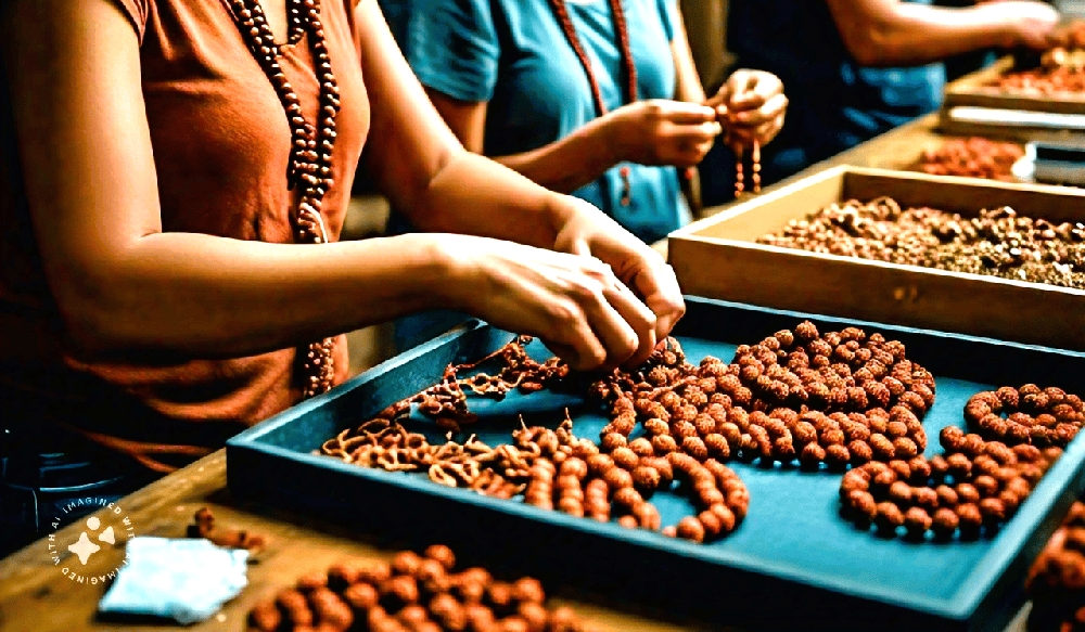 rudraksha beads are being processed by people